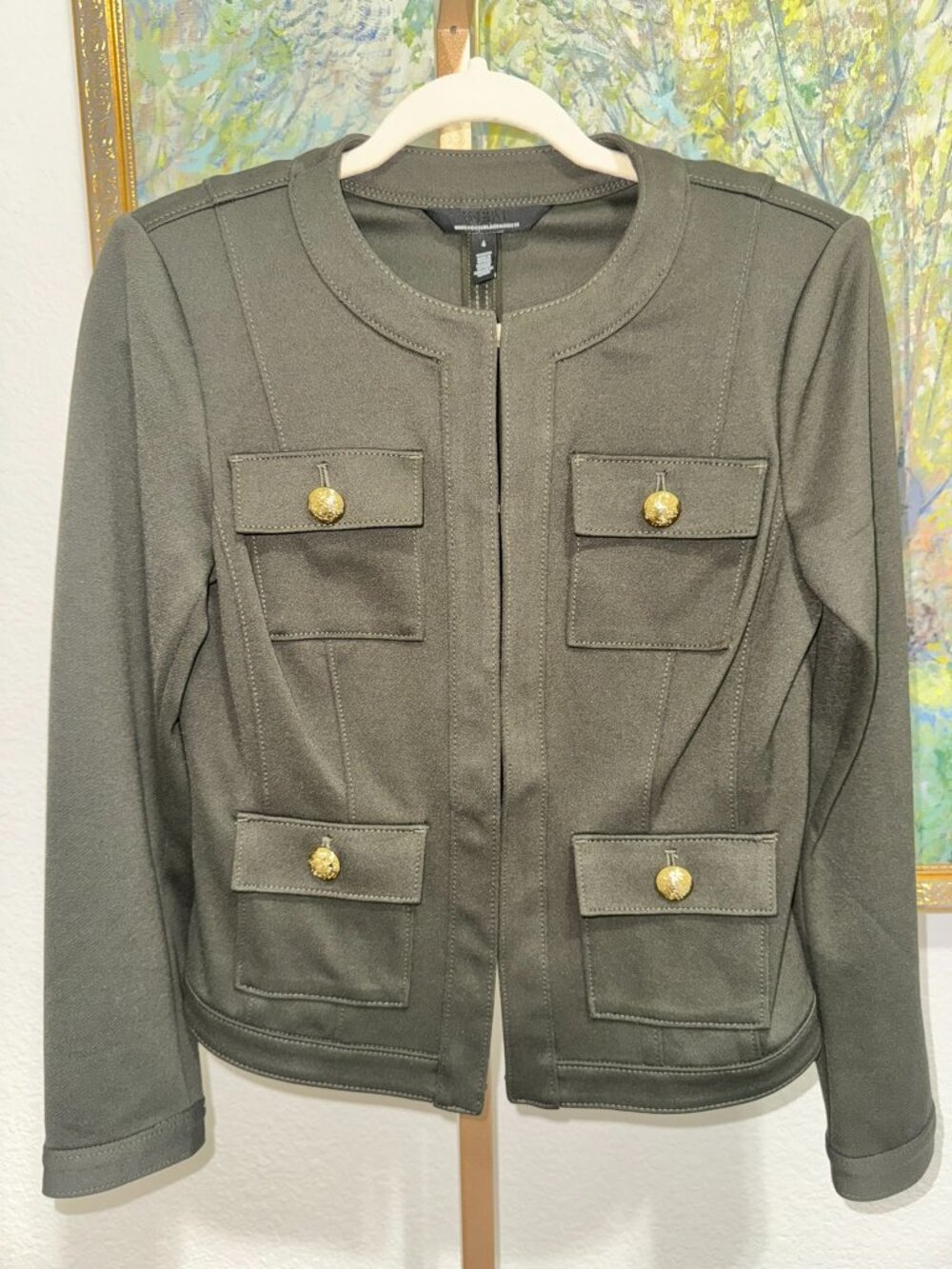 WHBM Size 4 Olive Green Jacket Gold Buttons Military Style